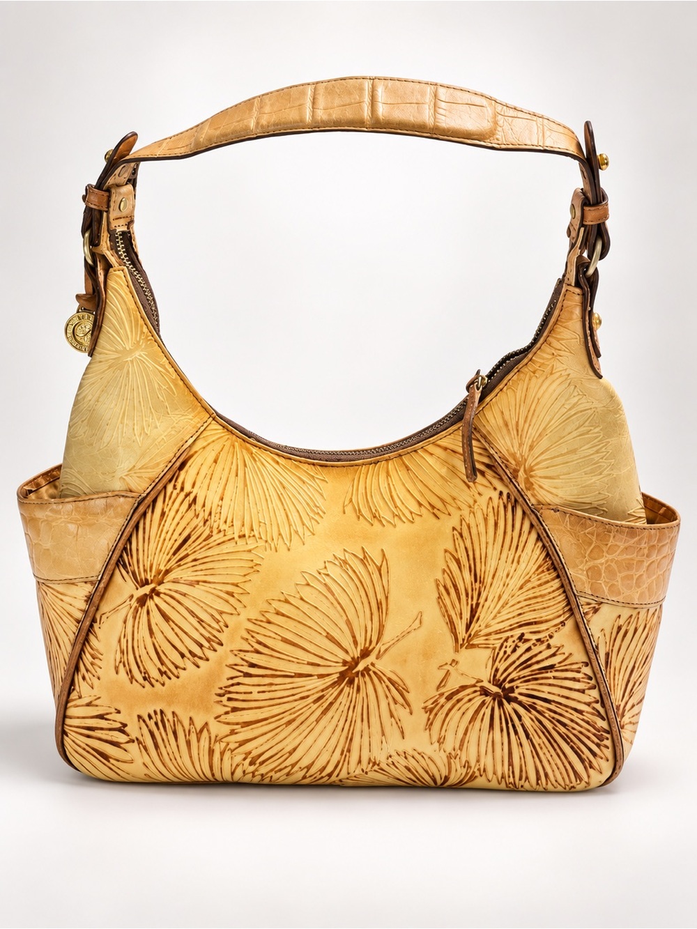 Brahmin Tan Tahiti Palm leaf and Crocodile embossed Shoulder Bag Rare Htf